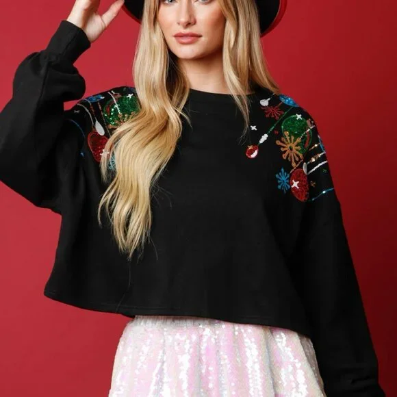 NWT Peach Love Christmas Ornament Crop Sweatshirt - Picture 2 of 5